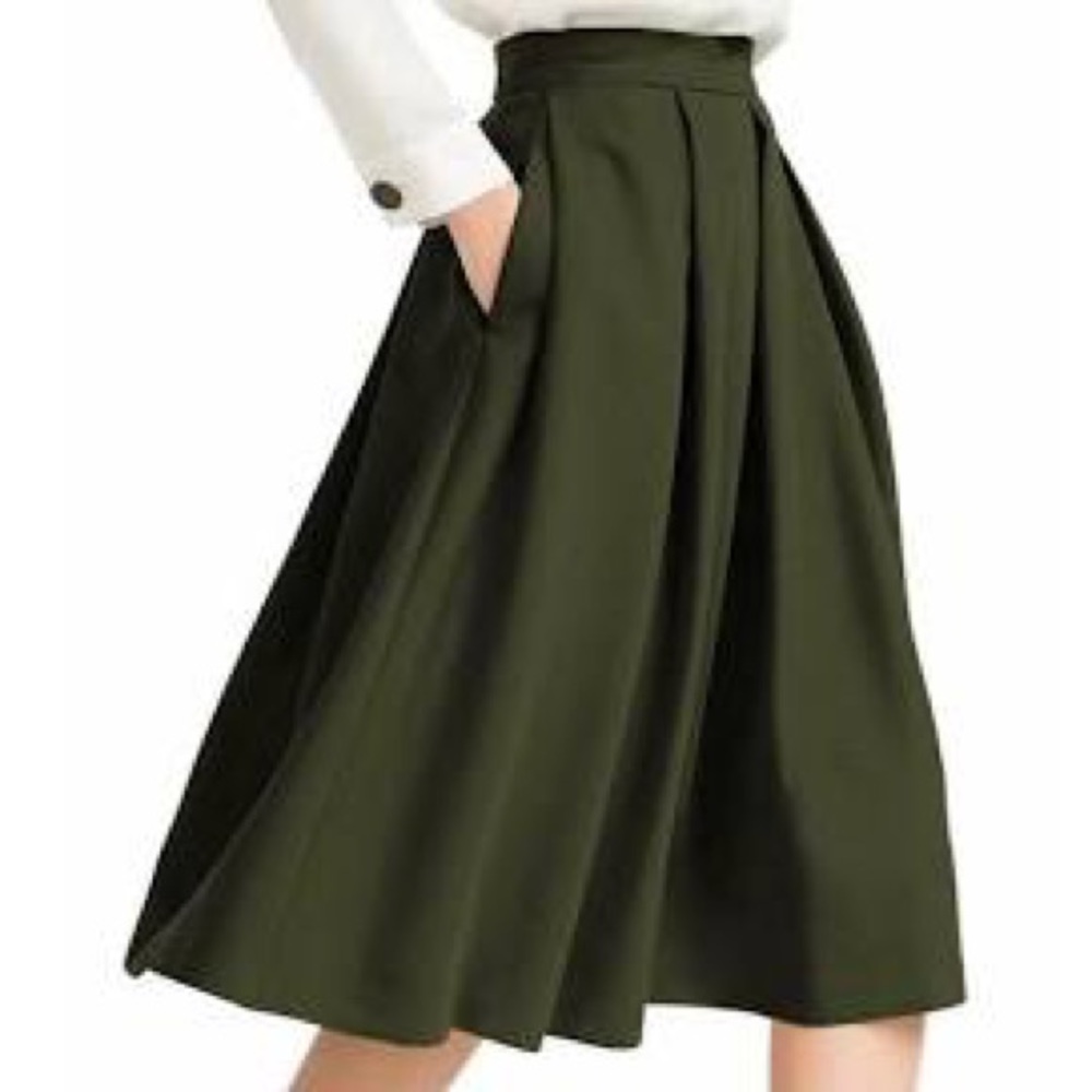Yige Green Midi Flared Pleated Skirt Pockets Sz 10
